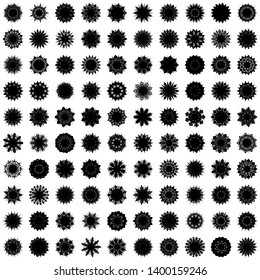 Black Flowers / Pseudo-Snowflakes on white background. Sharp set of 100 items. 9 (nine) angles. - Vector