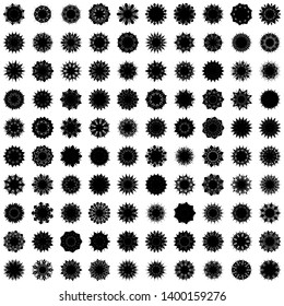 Black Flowers / Pseudo-Snowflakes on white background. Sharp set of 100 items. 9 (nine) angles. - Vector