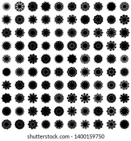 Black Flowers / Pseudo-Snowflakes on white background. Sharp set of 100 items. 9 (nine) angles. - Vector