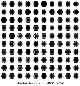 Black Flowers / Pseudo-Snowflakes on white background. Sharp set of 100 items. 9 (nine) angles. - Vector