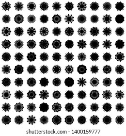 Black Flowers / Pseudo-Snowflakes on white background. Sharp set of 100 items. 9 (nine) angles. - Vector