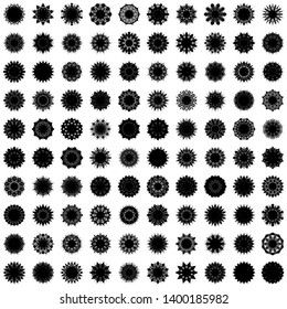 Black Flowers / Pseudo-Snowflakes on white background. Sharp set of 100 items. 10 (ten) angles. - Vector