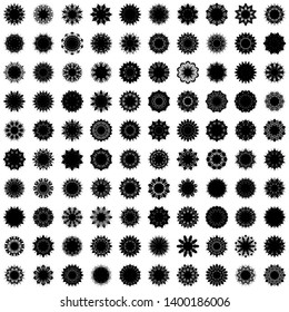 Black Flowers / Pseudo-Snowflakes on white background. Sharp set of 100 items. 10 (ten) angles. - Vector