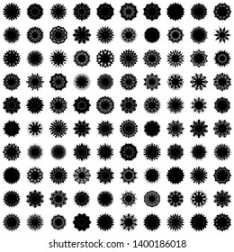 Black Flowers / Pseudo-Snowflakes on white background. Sharp set of 100 items. 10 (ten) angles. - Vector