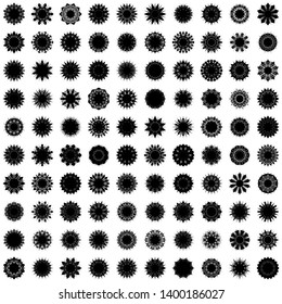 Black Flowers / Pseudo-Snowflakes on white background. Sharp set of 100 items. 10 (ten) angles. - Vector
