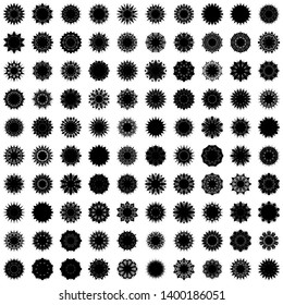 Black Flowers / Pseudo-Snowflakes on white background. Sharp set of 100 items. 10 (ten) angles. - Vector