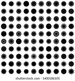 Black Flowers / Pseudo-Snowflakes on white background. Sharp set of 100 items. 10 (ten) angles. - Vector