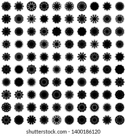 Black Flowers / Pseudo-Snowflakes on white background. Sharp set of 100 items. 10 (ten) angles. - Vector