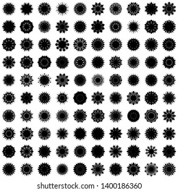 Black Flowers / Pseudo-Snowflakes on white background. Sharp set of 100 items. 10 (ten) angles. - Vector