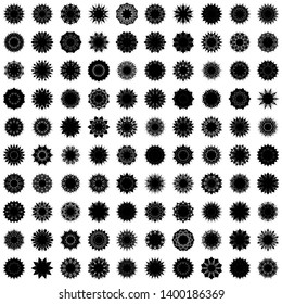 Black Flowers / Pseudo-Snowflakes on white background. Sharp set of 100 items. 10 (ten) angles. - Vector
