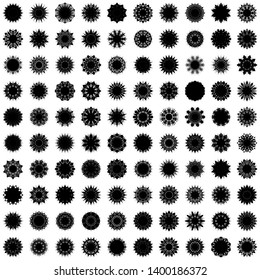 Black Flowers / Pseudo-Snowflakes on white background. Sharp set of 100 items. 10 (ten) angles. - Vector