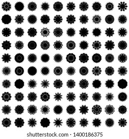 Black Flowers / Pseudo-Snowflakes on white background. Sharp set of 100 items. 10 (ten) angles. - Vector