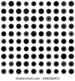 Black Flowers / Pseudo-Snowflakes on white background. Sharp set of 100 items. 10 (ten) angles. - Vector