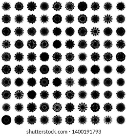 Black Flowers / Pseudo-Snowflakes on white background. Sharp set of 100 items. 11 (eleven) angles. - Vector