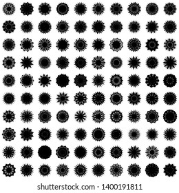 Black Flowers / Pseudo-Snowflakes on white background. Sharp set of 100 items. 11 (eleven) angles. - Vector