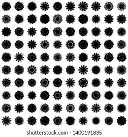 Black Flowers / Pseudo-Snowflakes on white background. Sharp set of 100 items. 11 (eleven) angles. - Vector