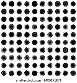 Black Flowers / Pseudo-Snowflakes on white background. Sharp set of 100 items. 11 (eleven) angles. - Vector