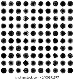 Black Flowers / Pseudo-Snowflakes on white background. Sharp set of 100 items. 11 (eleven) angles. - Vector