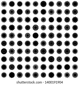 Black Flowers / Pseudo-Snowflakes on white background. Sharp set of 100 items. 11 (eleven) angles. - Vector