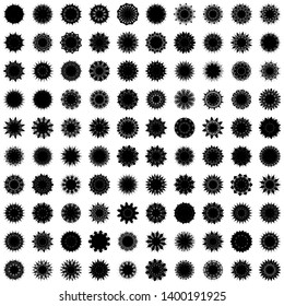 Black Flowers / Pseudo-Snowflakes on white background. Sharp set of 100 items. 11 (eleven) angles. - Vector