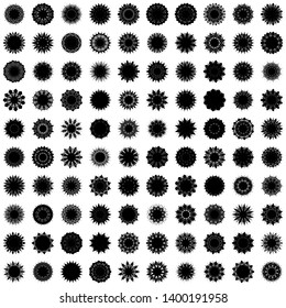 Black Flowers / Pseudo-Snowflakes on white background. Sharp set of 100 items. 11 (eleven) angles. - Vector