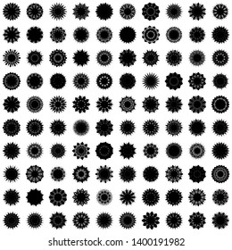 Black Flowers / Pseudo-Snowflakes on white background. Sharp set of 100 items. 11 (eleven) angles. - Vector