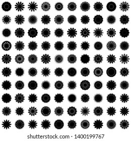 Black Flowers / Pseudo-Snowflakes on white background. Sharp set of 100 items. 12 (twelve) angles. - Vector