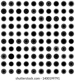 Black Flowers / Pseudo-Snowflakes on white background. Sharp set of 100 items. 12 (twelve) angles. - Vector