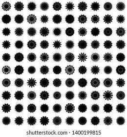 Black Flowers / Pseudo-Snowflakes on white background. Sharp set of 100 items. 12 (twelve) angles. - Vector
