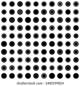 Black Flowers / Pseudo-Snowflakes on white background. Sharp set of 100 items. 12 (twelve) angles. - Vector