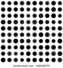 Black Flowers / Pseudo-Snowflakes on white background. Sharp set of 100 items. 12 (twelve) angles. - Vector