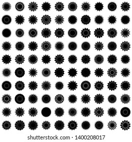 Black Flowers / Pseudo-Snowflakes on white background. Sharp set of 100 items. 13 (thirteen) angles. - Vector
