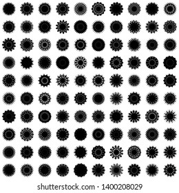 Black Flowers / Pseudo-Snowflakes on white background. Sharp set of 100 items. 13 (thirteen) angles. - Vector