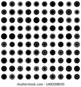 Black Flowers / Pseudo-Snowflakes on white background. Sharp set of 100 items. 13 (thirteen) angles. - Vector
