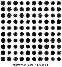 Black Flowers / Pseudo-Snowflakes on white background. Sharp set of 100 items. 13 (thirteen) angles. - Vector