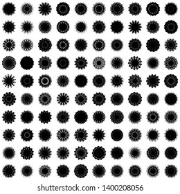 Black Flowers / Pseudo-Snowflakes on white background. Sharp set of 100 items. 13 (thirteen) angles. - Vector