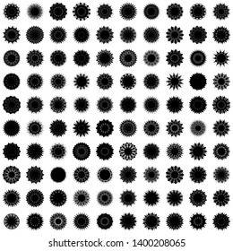 Black Flowers / Pseudo-Snowflakes on white background. Sharp set of 100 items. 13 (thirteen) angles. - Vector