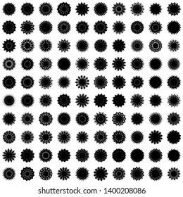 Black Flowers / Pseudo-Snowflakes on white background. Sharp set of 100 items. 13 (thirteen) angles. - Vector
