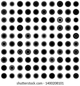 Black Flowers / Pseudo-Snowflakes on white background. Sharp set of 100 items. 13 (thirteen) angles. - Vector