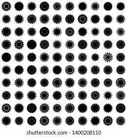 Black Flowers / Pseudo-Snowflakes on white background. Sharp set of 100 items. 13 (thirteen) angles. - Vector