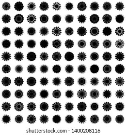 Black Flowers / Pseudo-Snowflakes on white background. Sharp set of 100 items. 13 (thirteen) angles. - Vector