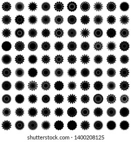 Black Flowers / Pseudo-Snowflakes on white background. Sharp set of 100 items. 13 (thirteen) angles. - Vector