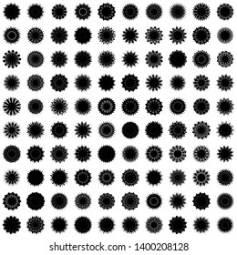 Black Flowers / Pseudo-Snowflakes on white background. Sharp set of 100 items. 13 (thirteen) angles. - Vector