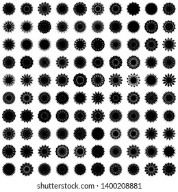 Black Flowers / Pseudo-Snowflakes on white background. Sharp set of 100 items. 13 (thirteen) angles. - Vector