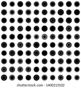 Black Flowers / Pseudo-Snowflakes on white background. Sharp set of 100 items. 14 (fourteen) angles. - Vector