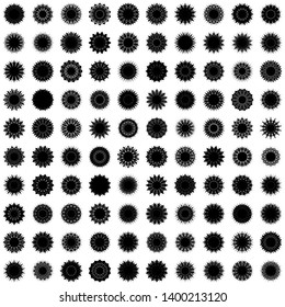 Black Flowers / Pseudo-Snowflakes on white background. Sharp set of 100 items. 14 (fourteen) angles. - Vector
