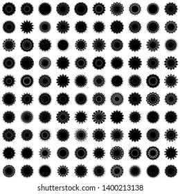 Black Flowers / Pseudo-Snowflakes on white background. Sharp set of 100 items. 14 (fourteen) angles. - Vector