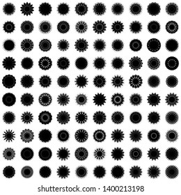 Black Flowers / Pseudo-Snowflakes on white background. Sharp set of 100 items. 14 (fourteen) angles. - Vector