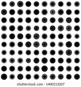 Black Flowers / Pseudo-Snowflakes on white background. Sharp set of 100 items. 14 (fourteen) angles. - Vector