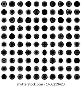 Black Flowers / Pseudo-Snowflakes on white background. Sharp set of 100 items. 14 (fourteen) angles. - Vector